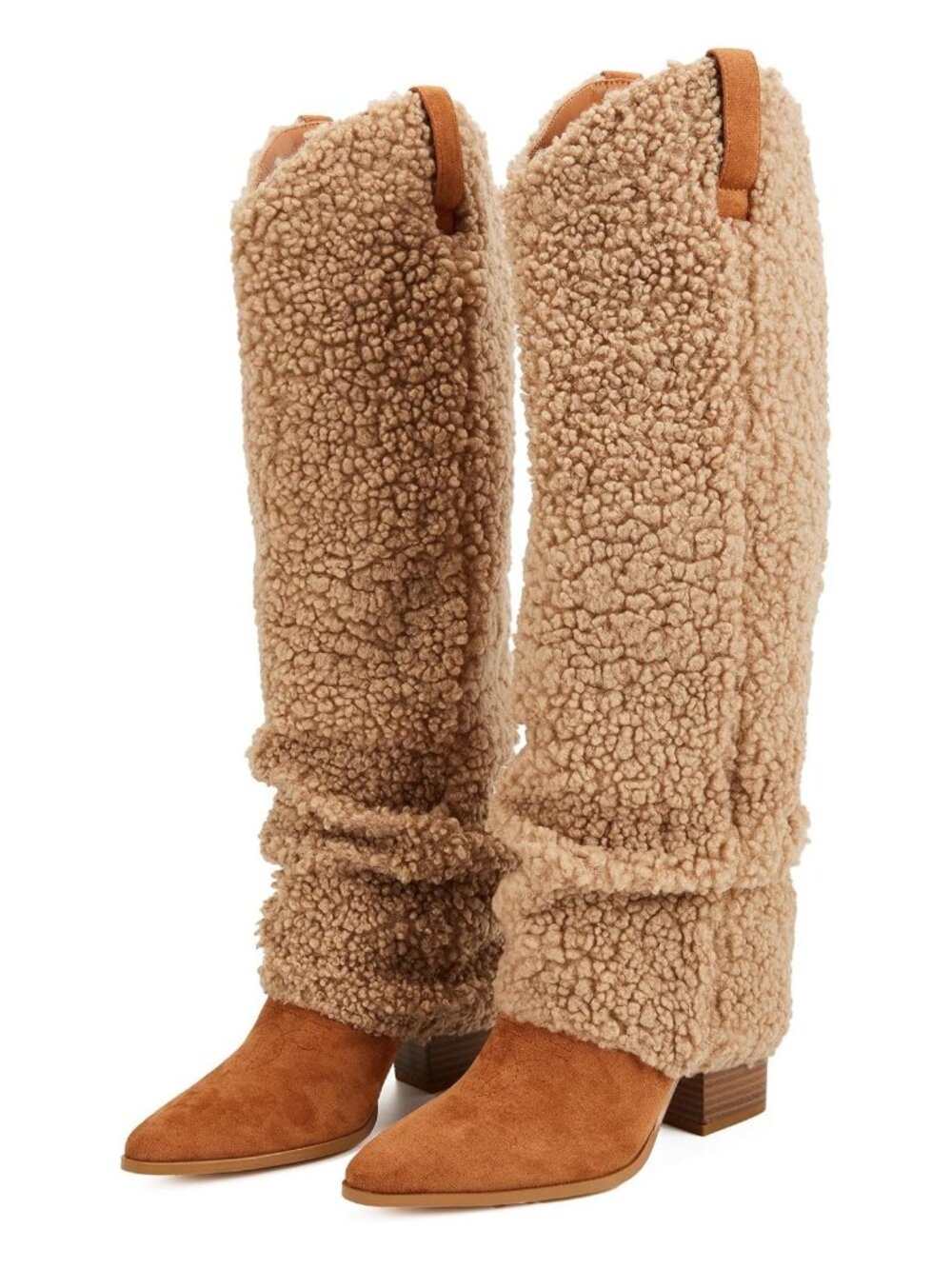 Women's US 9,10 Brown Sherpa Fold Over Boots Knee High Cowboy Boots Chunky High